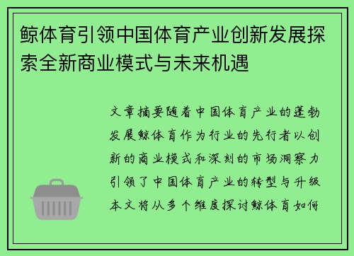 鲸体育引领中国体育产业创新发展探索全新商业模式与未来机遇